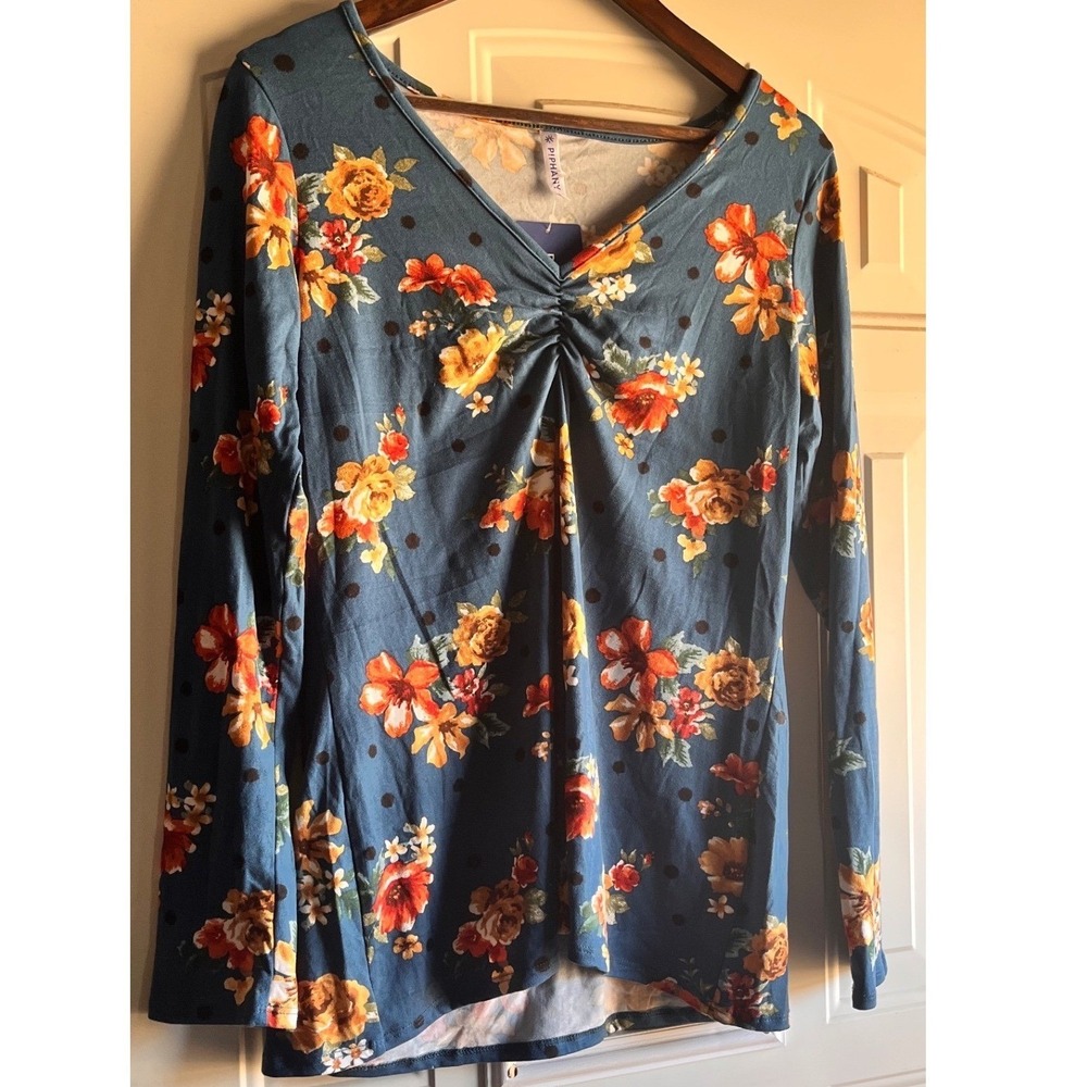 P!Phany Teal Floral Gathered V Neck Long Sleeve Top Womens‎ Plus Size M